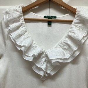 Ralph Lauren short sleeve top cotton knit with eyelet lace & gauze ruffle, large